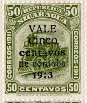 Nicaragua stamps 1913 surcharges Locomotive 5c/50c Broken '1' in '1913 variety